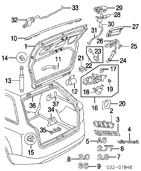 Amortecedor de tampa de porta-malas (de 3ª/5ª porta traseira) para Audi A6 (4B, C5)