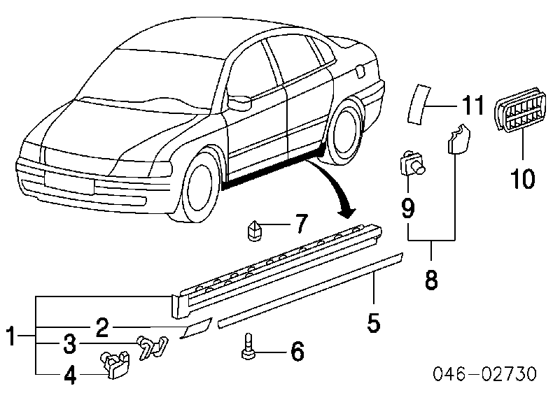 Накладка (молдинг) порога наружная на Volkswagen Passat B5, 3B2