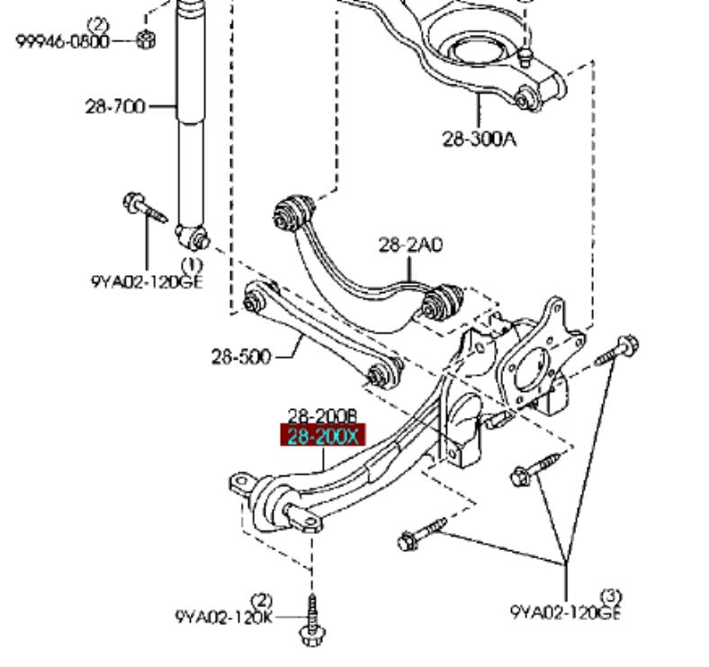 Braço oscilante (tração) longitudinal inferior esquerdo de suspensão traseira para Mazda 3 (BK12)