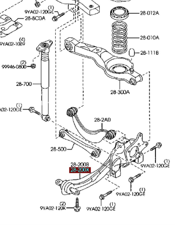 C23628250C Mazda braço oscilante (tração longitudinal inferior esquerdo de suspensão traseira)