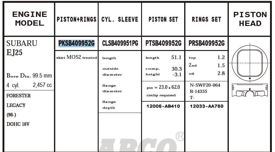 Поршень (ком-кт на мотор), 2-й ремонт (+0,50) ARCO PKSB409952G020