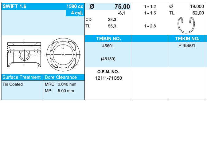 45601-STD Teikin pistão (kit para um motor, STD)
