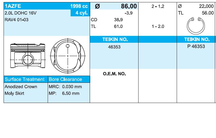 Pistão (kit para um motor), 4ª reparação ( + 1.00) para Toyota Avensis (LCM)