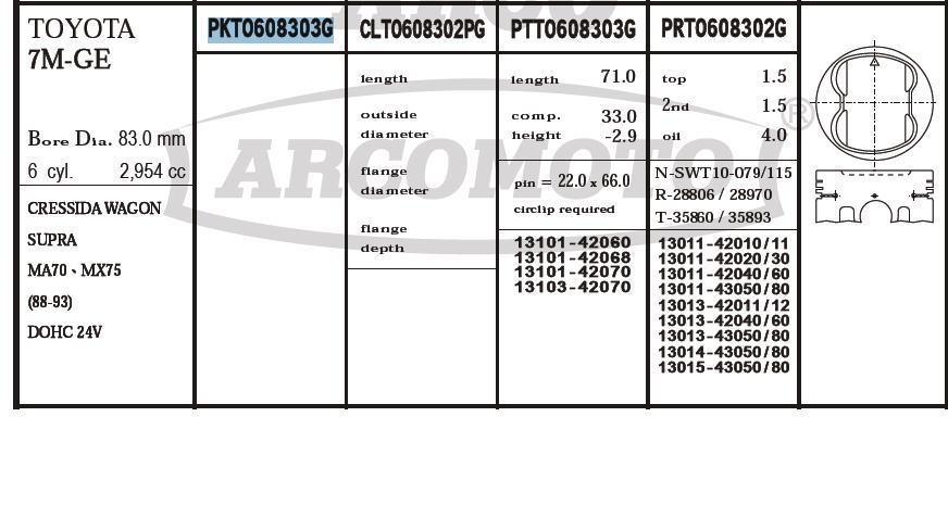 Поршень (комплект на мотор), 2-й ремонт (+0,50) ARCO PKTO608303G020