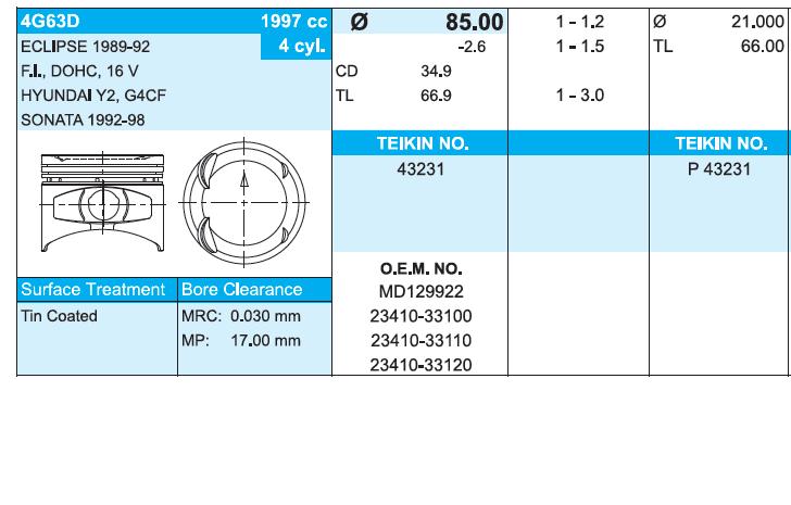 43231050 Teikin поршень (комплект на мотор, 2-й ремонт (+0,50))