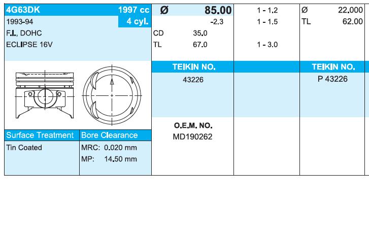 Pistão (kit para um motor), 2ª reparação ( + 0,50) para Mitsubishi Eclipse (D22A, D27A)