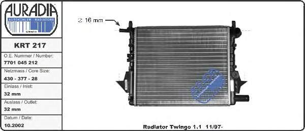 KRT217 Auradia radiador de esfriamento de motor