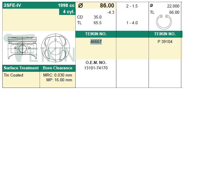 Pistão (kit para um motor), 2ª reparação ( + 0,50) para Toyota RAV4 (XA)