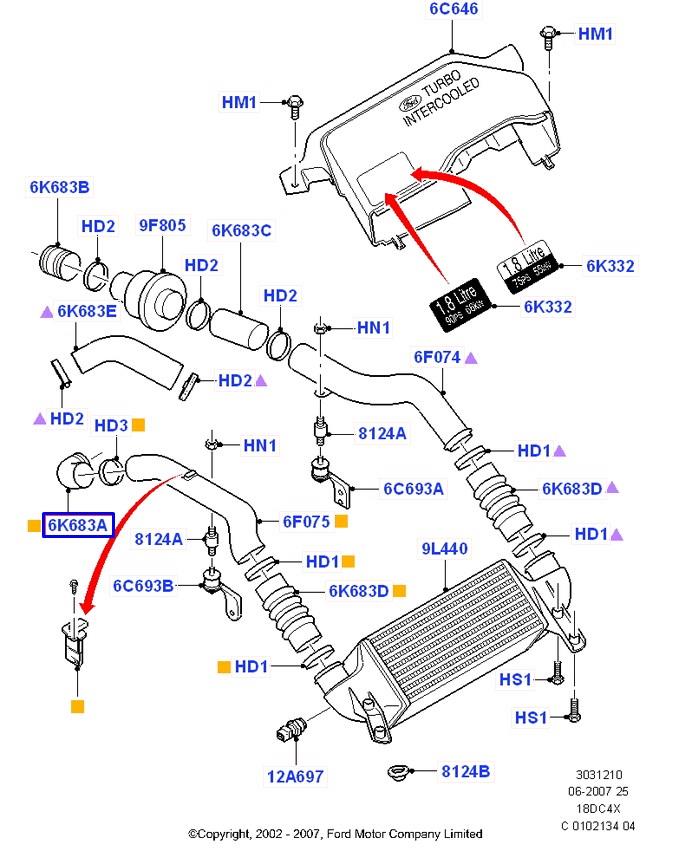 Mangueira (cano derivado) superior direita de intercooler para Ford Fiesta (JAS, JBS)