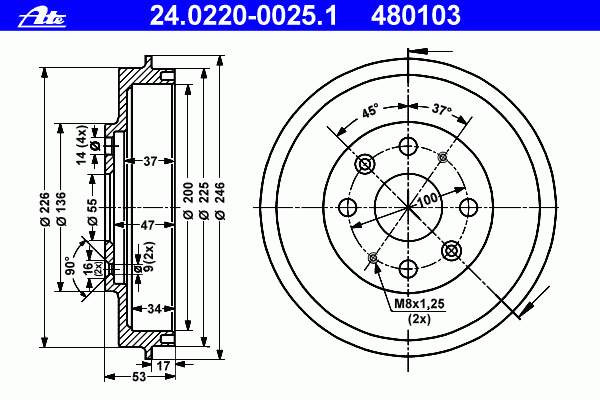 Tambor do freio traseiro ADM54704 Blue Print