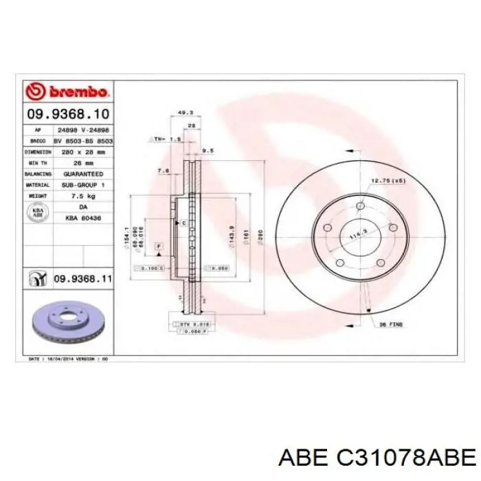 Передние тормозные диски C31078ABE ABE