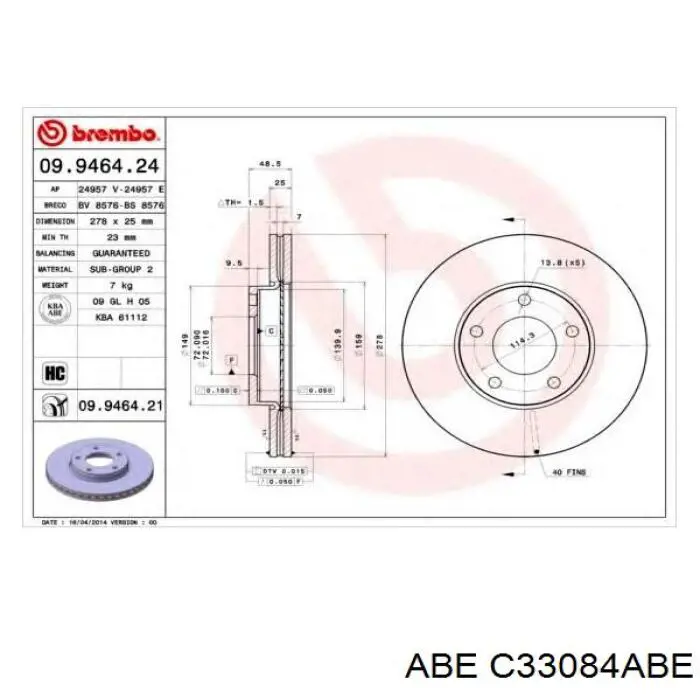 Передние тормозные диски C33084ABE ABE