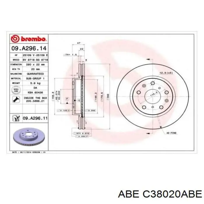 C38020ABE ABE Диск тормозной передний