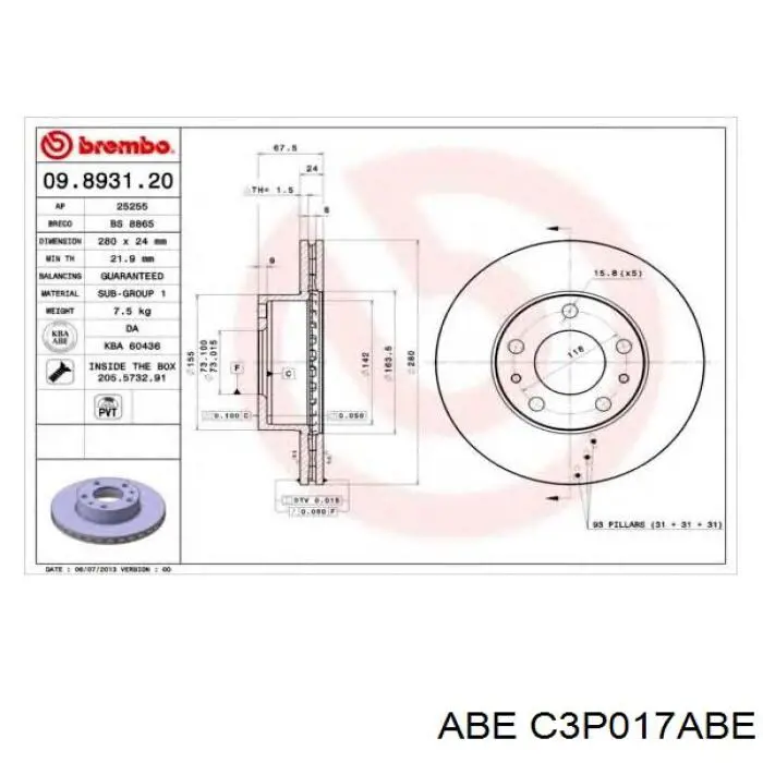 Тормоз дисковый передний ABE C3P017ABE цена, от 33.83 USD