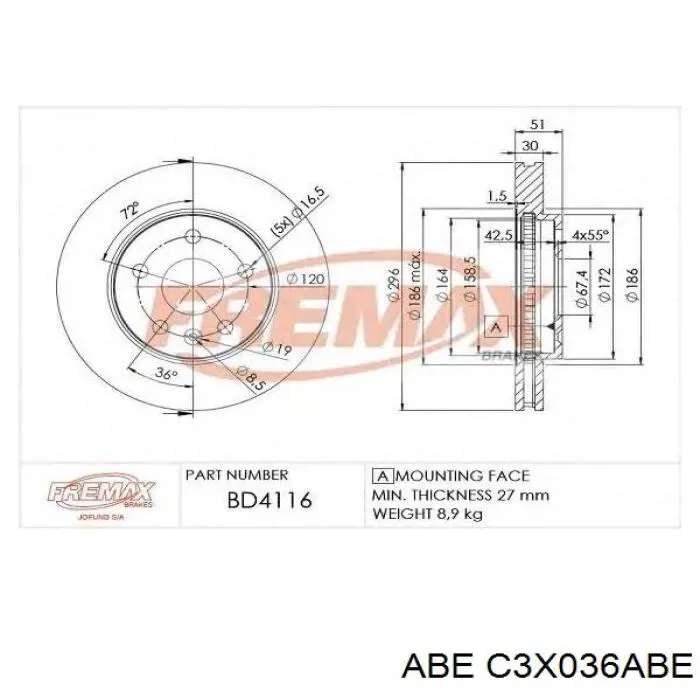 C3X036ABE ABE Диск тормозной передний