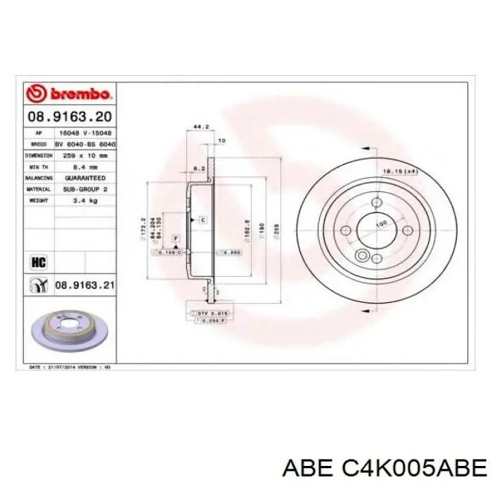 Купить C4K005ABE ABE Диск тормозной задний