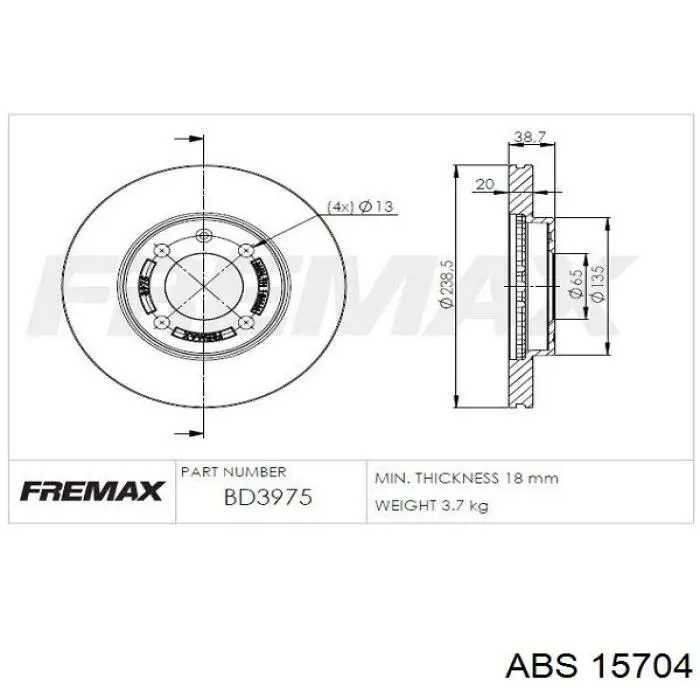 Тормоз дисковый передний ABS 15704 цена, от 20.76 USD