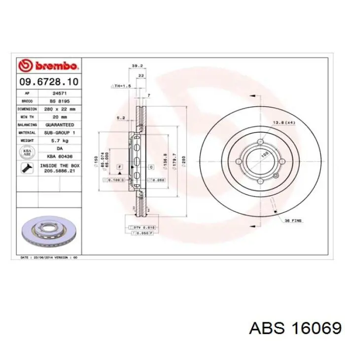 Тормоз дисковый передний ABS 16069 цена, от 40.49 USD