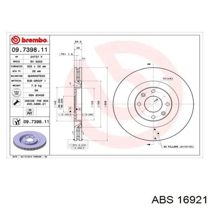 Тормоз дисковый передний ABS 16921 цена, от 41.86 USD