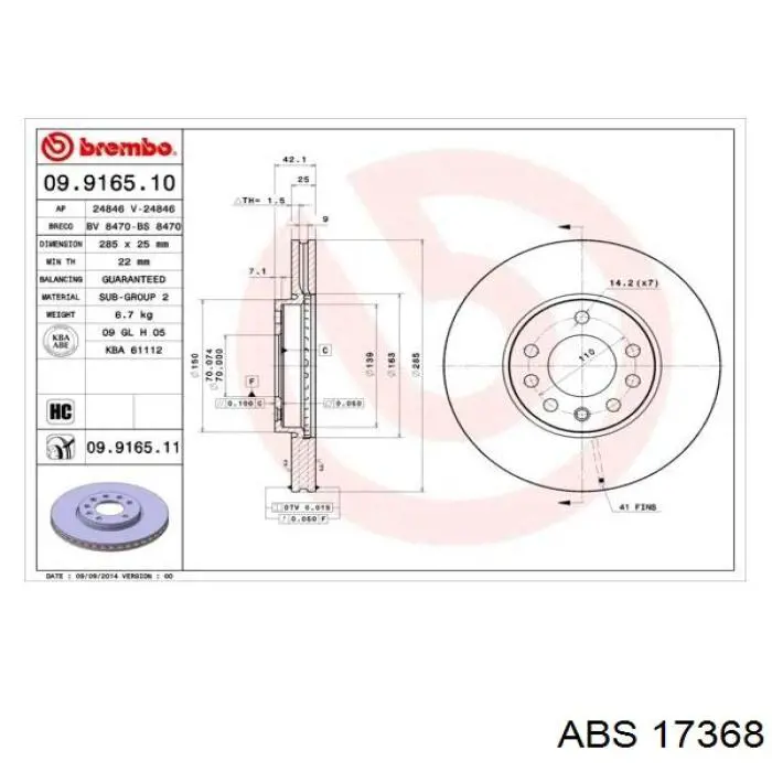 Freno de disco delantero 17368 ABS