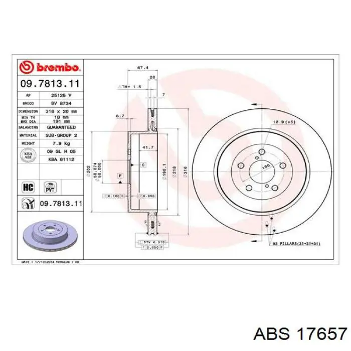 Задний тормозной диск ABS 17657 цена, от 50.76 USD
