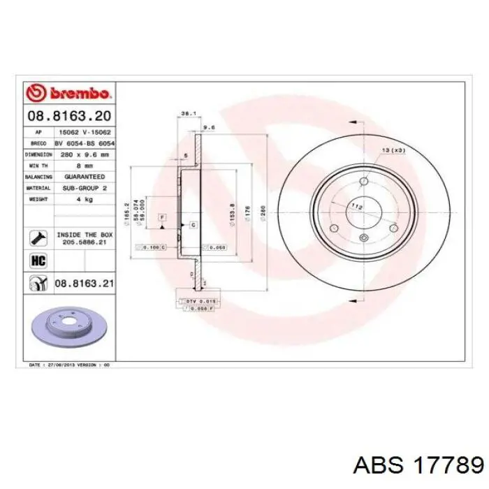 Тормоз дисковый передний ABS 17789 цена, от 23.68 USD