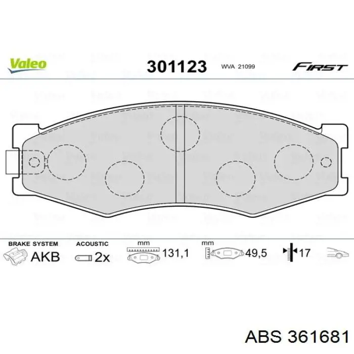Передние тормозные колодки 361681 ABS