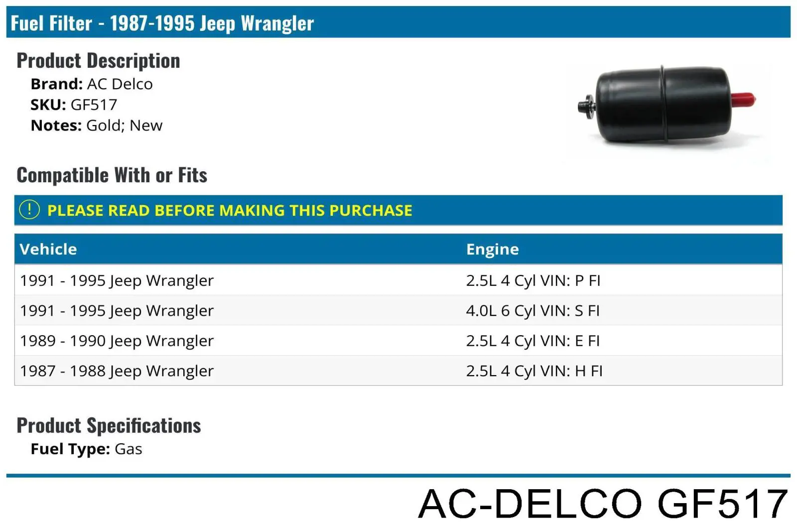 Топливный фильтр GF517 AC Delco