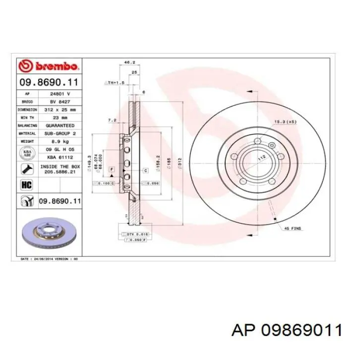 Передние тормозные диски 09869011 AP