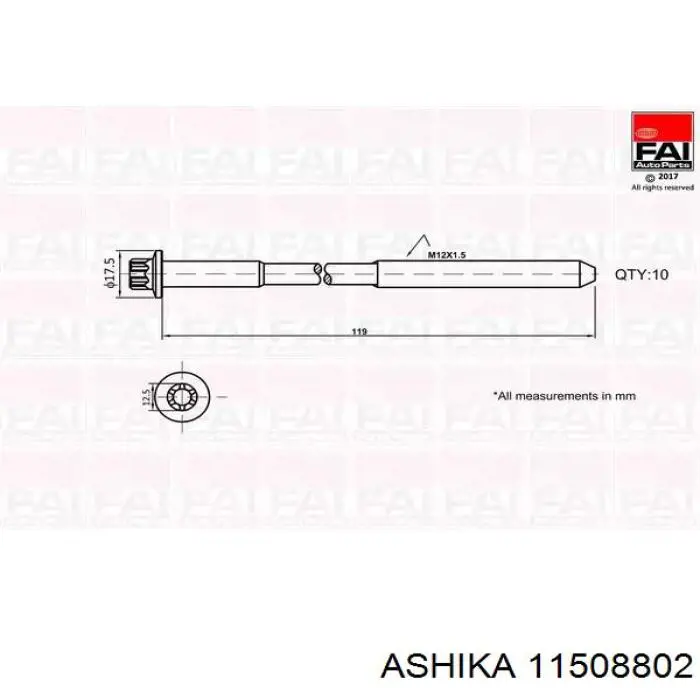 Болт головки блока циліндрів, ГБЦ 11508802 Ashika