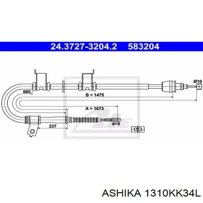 131-0K-K34L Ashika cabo do freio de estacionamento traseiro esquerdo