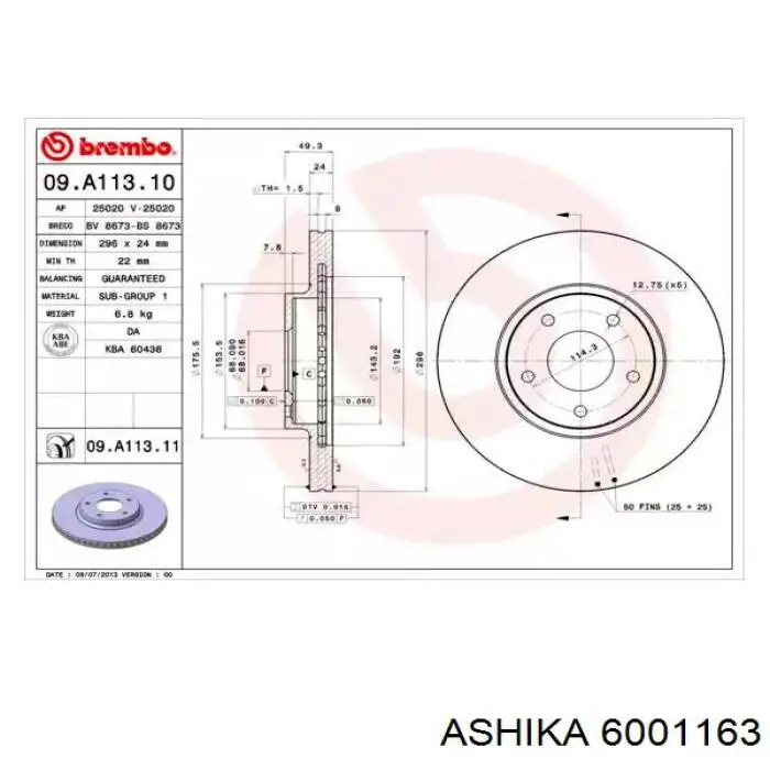 Передний тормозной диск Ashika 6001163
