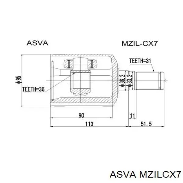 Шарнір кутових швидкостей передній лівий MZILCX7 Asva