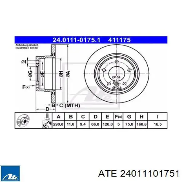 Задний тормозной диск ATE 24011101751 цена, от 43.74 USD