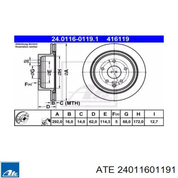 Задний тормозной диск ATE 24011601191 цена, от 59.39 USD
