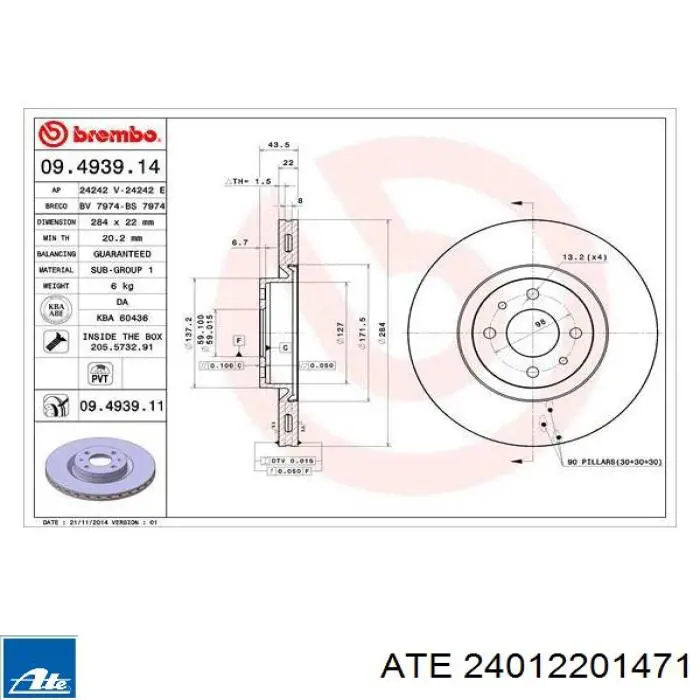 Тормоз дисковый передний ATE 24012201471 цена, от 33.47 USD