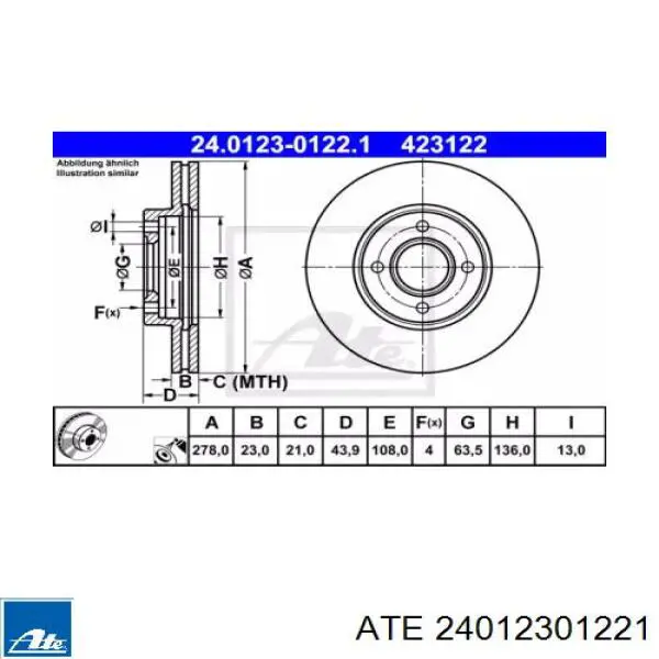 24012301221 ATE диск тормозной передний