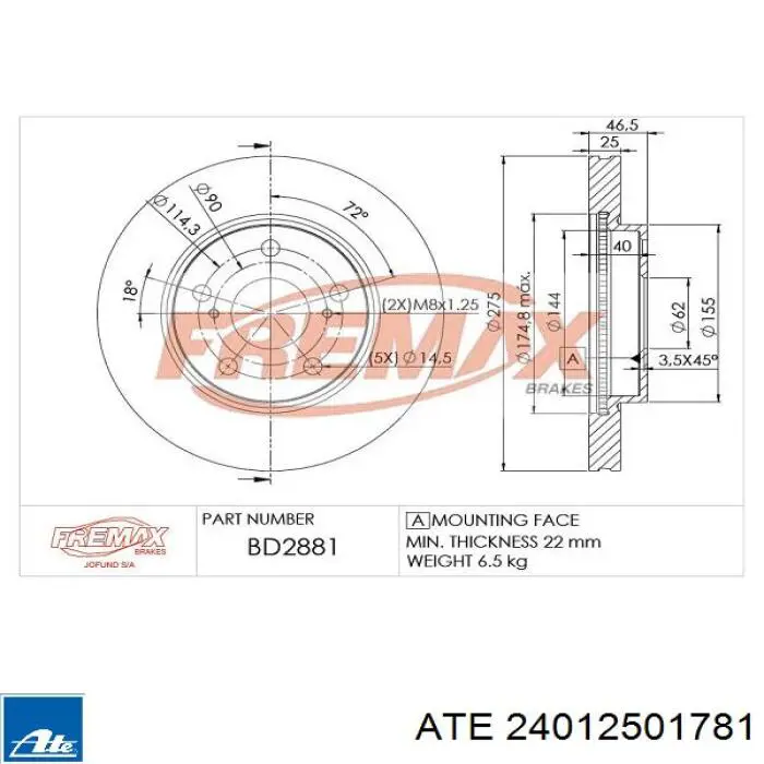 Купить 24012501781 ATE Ротор тормозной