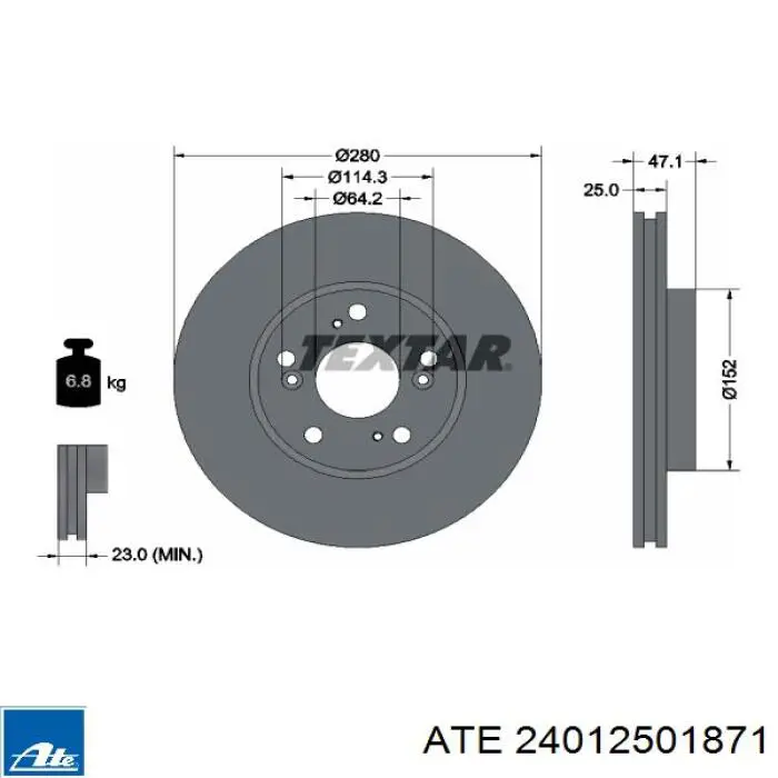 Тормоз дисковый передний ATE 24012501871 цена, от 67.66 USD
