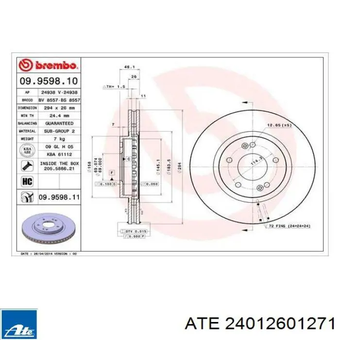 Тормоз дисковый передний ATE 24012601271 цена, от 43.99 USD