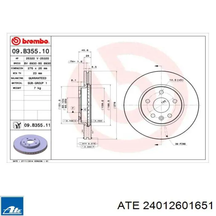 Тормоз дисковый передний ATE 24012601651 цена, от 72.09 USD