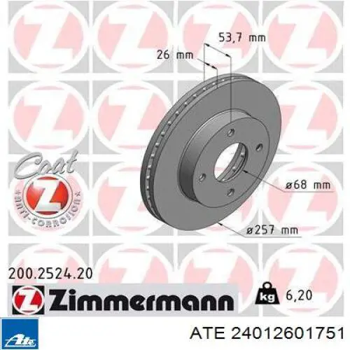 Тормоз дисковый передний ATE 24012601751 цена, от 38.11 USD