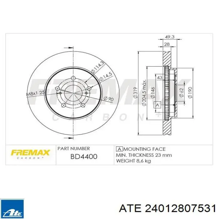 Тормоз дисковый передний ATE 24012807531 цена, от 71.25 USD