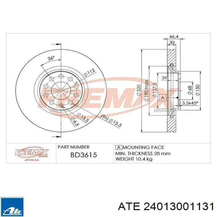 Тормоз дисковый передний ATE 24013001131 цена, от 129.74 USD