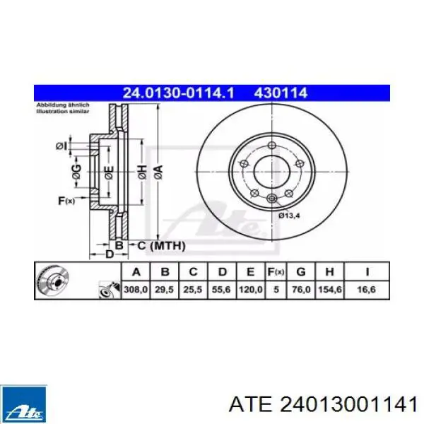 Тормоз дисковый передний ATE 24013001141 цена, от 81.36 USD