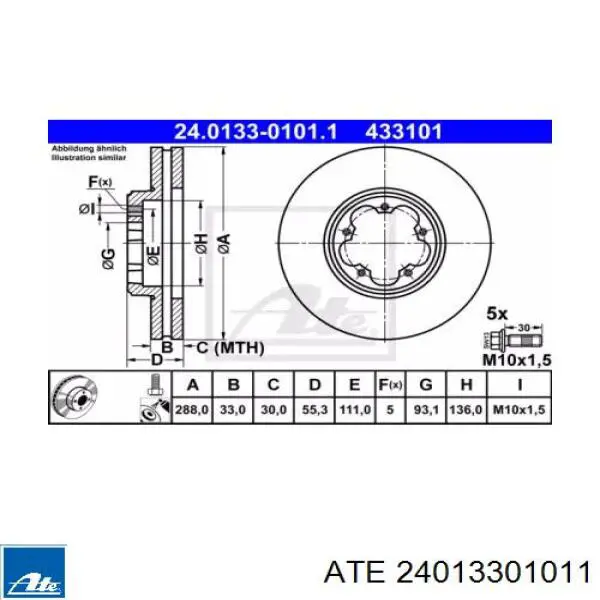 24.0133-0101.1 ATE disco do freio dianteiro