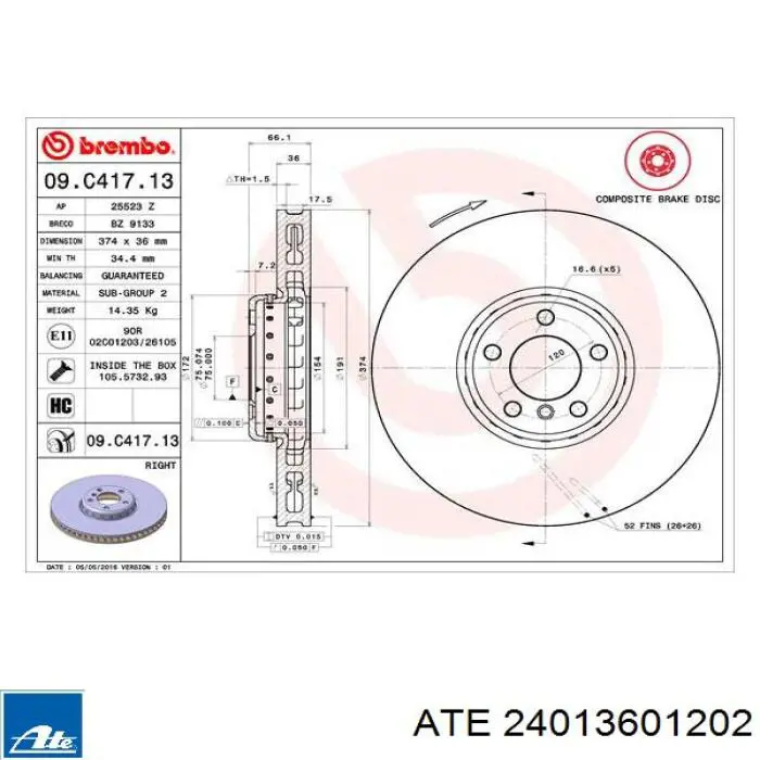 Тормоз дисковый передний ATE 24013601202 цена, от 264.23 USD
