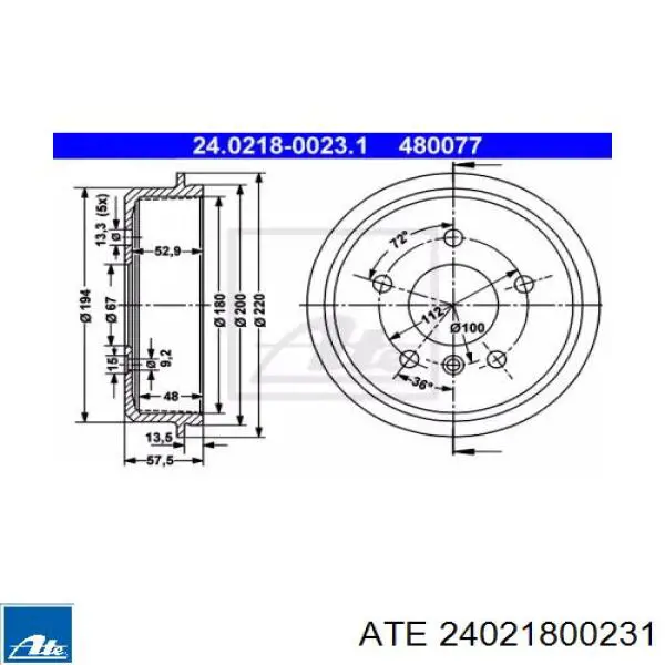 Тормозной барабан 24021800231 ATE