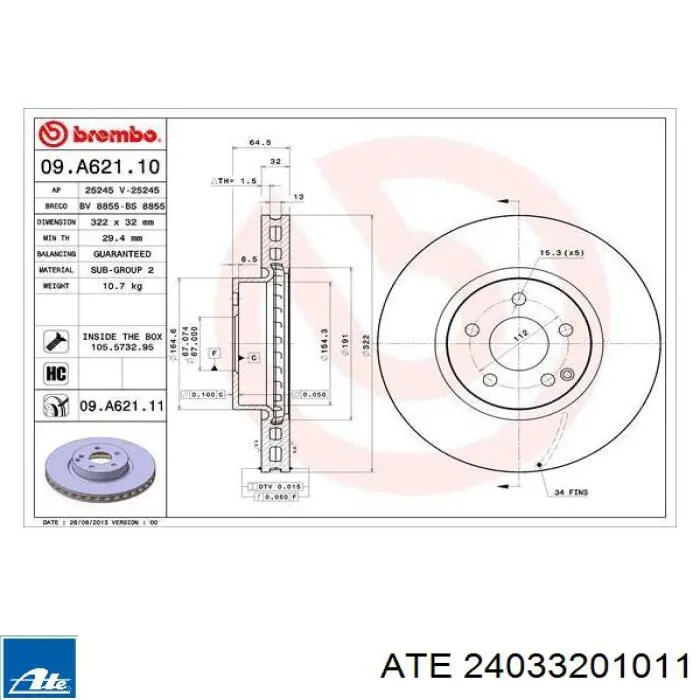 Тормоз дисковый передний ATE 24033201011 цена, от 98.60 USD
