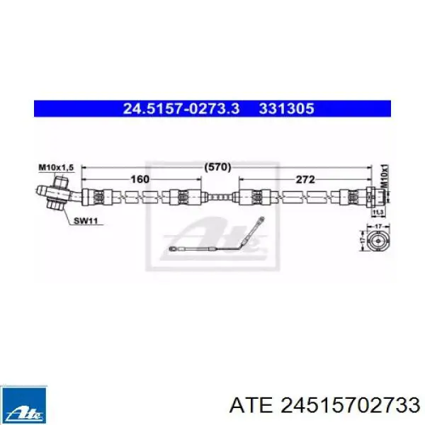 24515702733 ATE Шланг тормозной задний правый